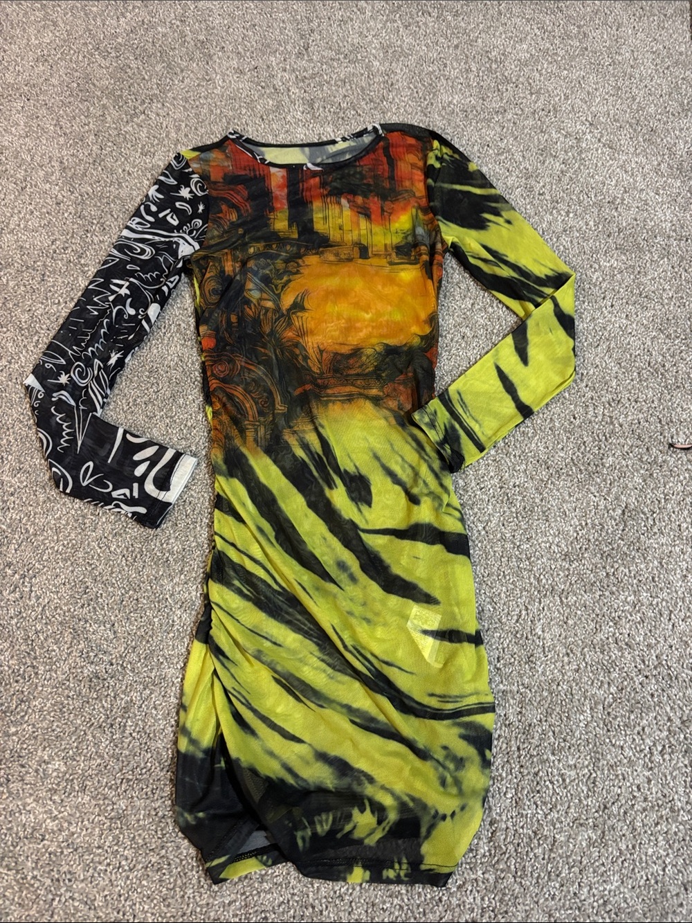 Yellow & Black Long Sleeve Printed Bodycon Dress
